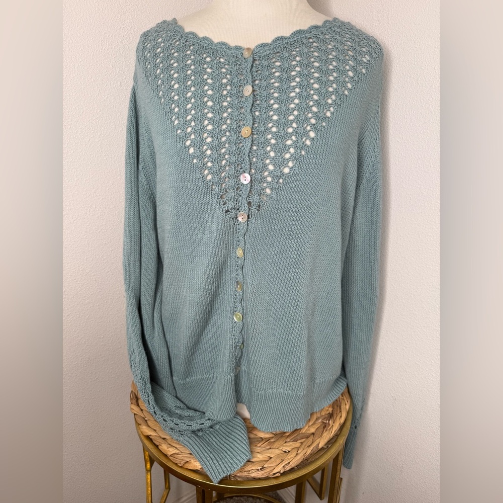 Sundance Cardigan Dover Pointelle Knit Dusty Blue Teal buttoned Cardi sweater - Picture 3 of 8